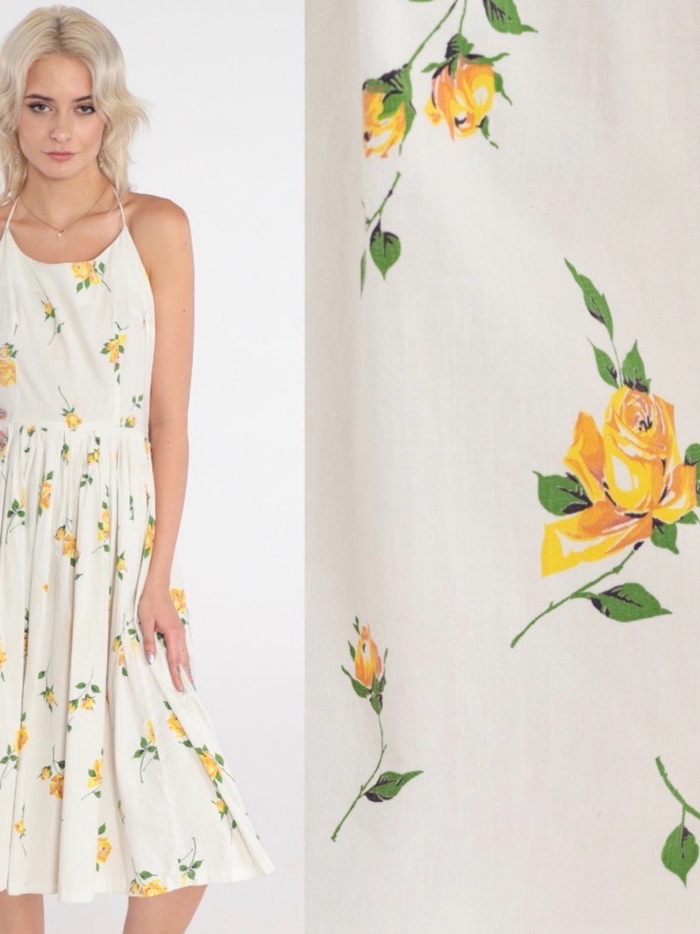 60s Sundress Sleeveless Yellow Rose Print Midi Cottage vintage